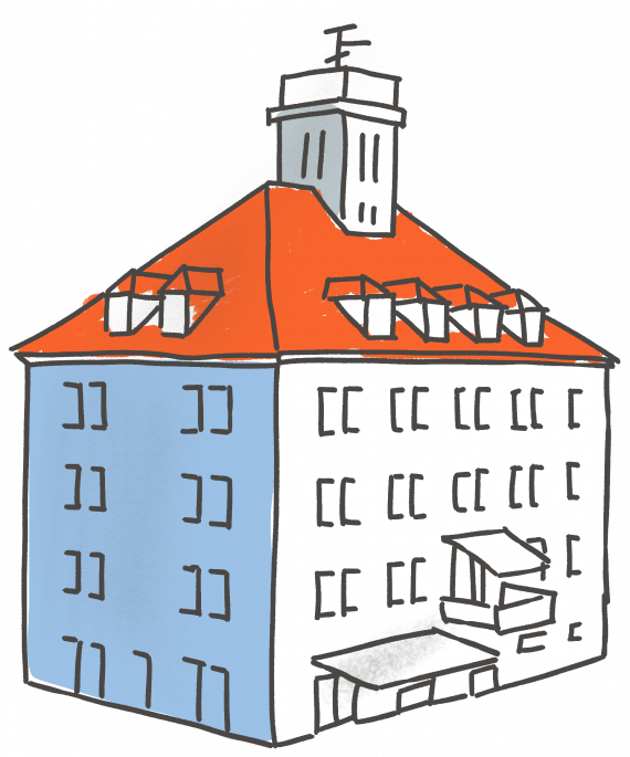 Illustration des Gebäudes vom Rundfunkmuseum in weiß mit orangem Dach. 